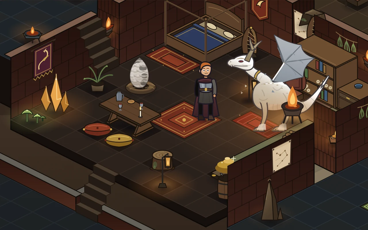 A furnished lair: a four-post bed, shelves, rugs, a feast table and a white dragon by the hearth, with two more chambers behind.