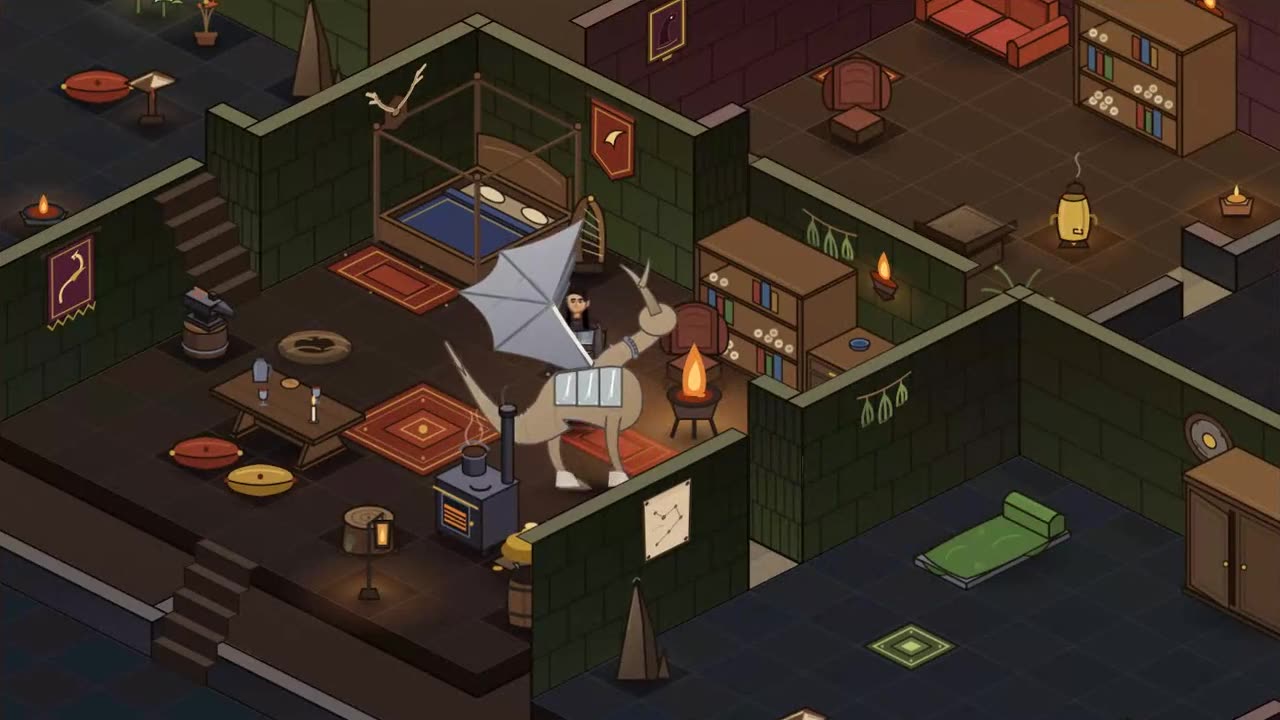 A Dragon Keeper and their dragon in a furnished lair.