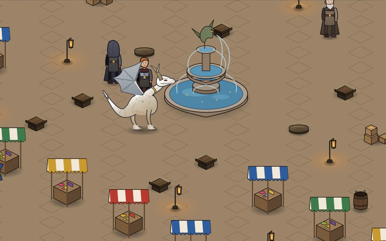 The Great Market of Lairhalla: dozens of striped stalls round a fountain, townsfolk between them, and the roofs of the Old Town beyond.