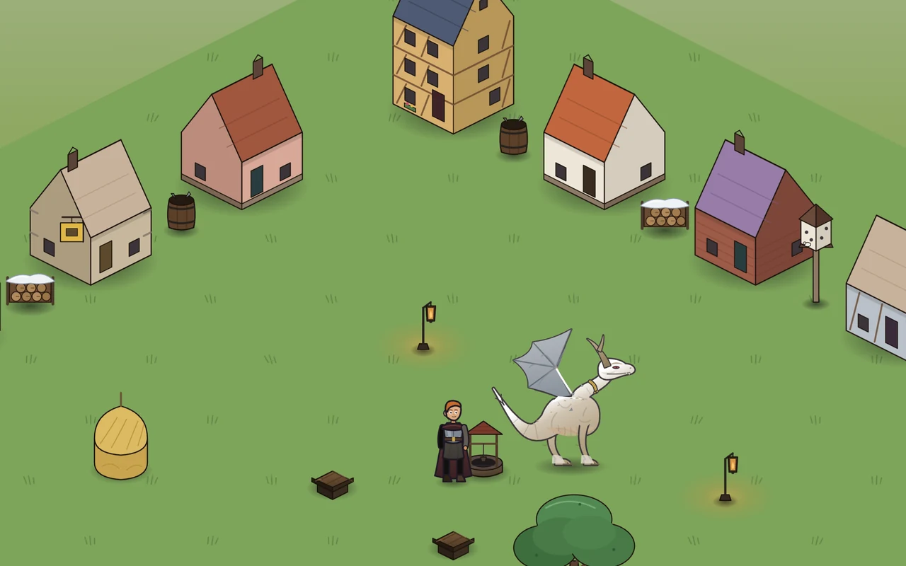 A lane of small houses on the grass, each a different colour, with a rider and a white dragon in the middle.