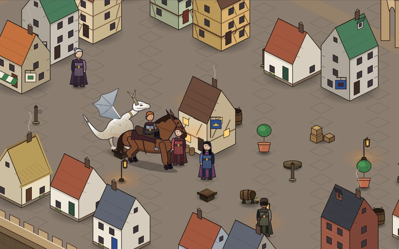 The Old Town of Lairhalla: tall narrow houses with coloured roofs along stone streets, keepers walking between them.