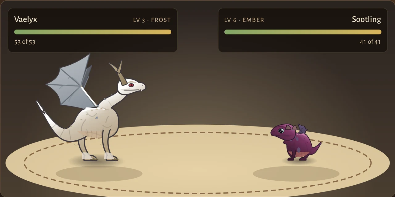 Two dragons facing each other across a sand ring, each with a health bar above.