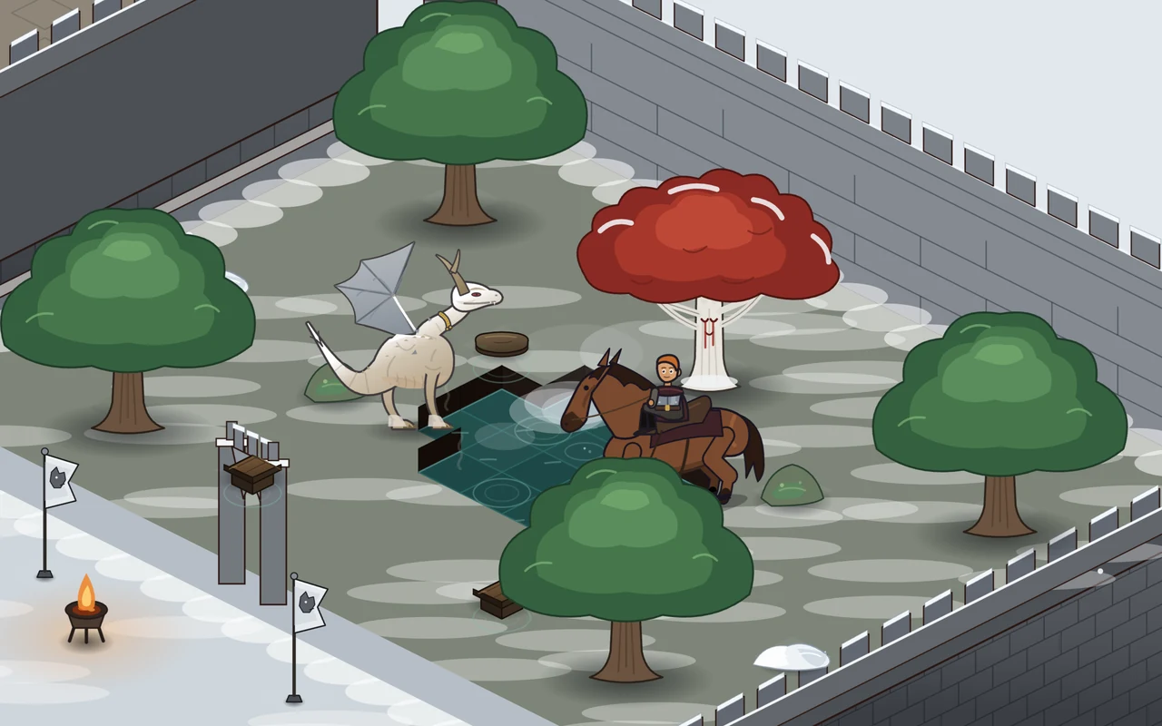 The Wolfhold: a grey castle in snow with a walled garden and a red heart tree.